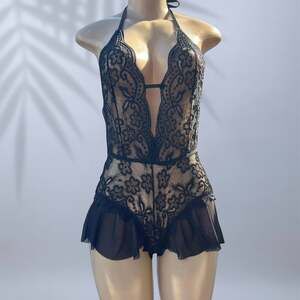 Women's Black Lace Deep V-Neck Halter Teddy Bodysuit Lingerie ✧ M